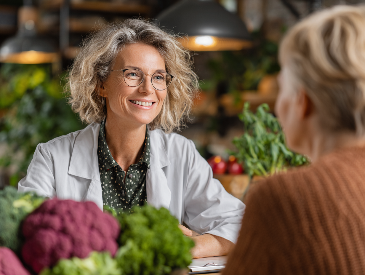 Провідний нутриціолог консультує літню жінку щодо здорового харчування